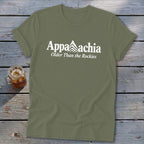 Olive green t-shirt with white "Appalachia" text and mountains graphic.
