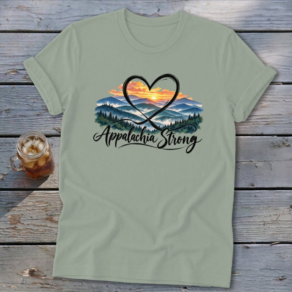 Green t-shirt with heart, mountains, and "Appalachia Strong" text.