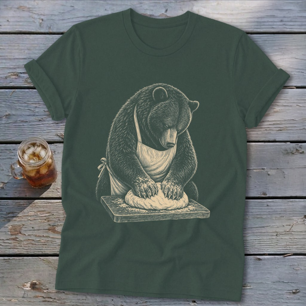 Bear wearing an apron, kneading dough on a cutting board.