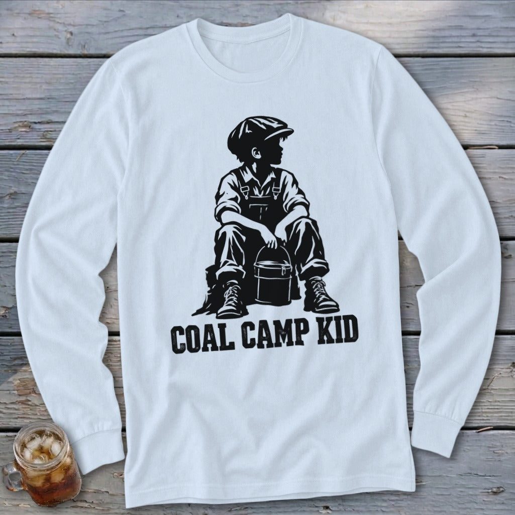 White long-sleeve shirt with black graphic of a boy holding a bucket, text "COAL CAMP KID".