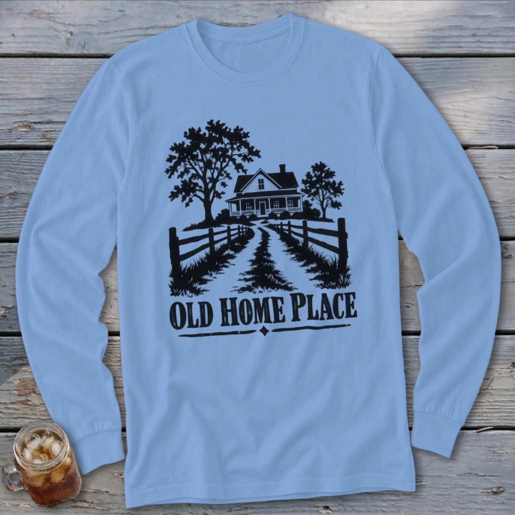 Light blue long-sleeve shirt with a graphic of a house and trees, reading "OLD HOME PLACE".