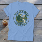 Light blue t-shirt with a circular graphic featuring a bear fishing in a lake, text reads "Holler Bear Fishin Hole".