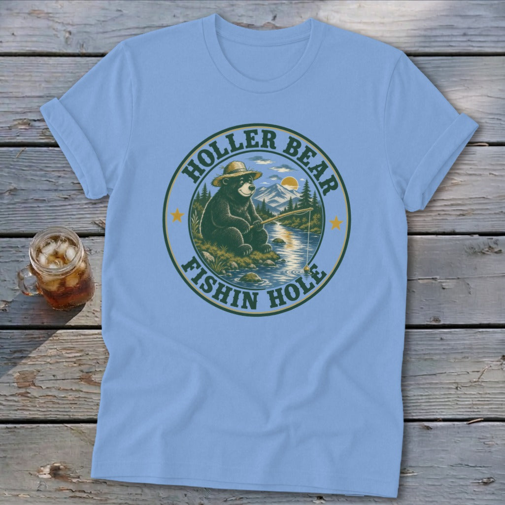 Light blue t-shirt with a circular graphic featuring a bear fishing in a lake, text reads "Holler Bear Fishin Hole".