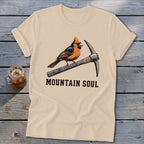 T-shirt graphic featuring a cardinal perched on a pickaxe with text "MOUNTAIN SOUL".