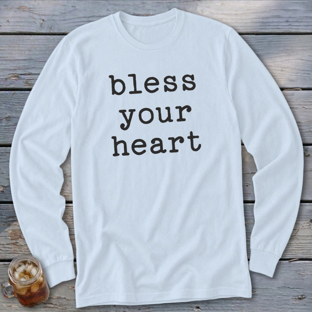 Light blue long-sleeve shirt with "bless your heart" text.