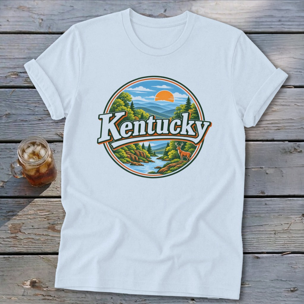 White t-shirt with circular Kentucky landscape graphic featuring deer, river, and mountains.