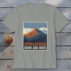A gray v-neck t-shirt featuring a retro mountain graphic with the text Appalachian Born and Bred.