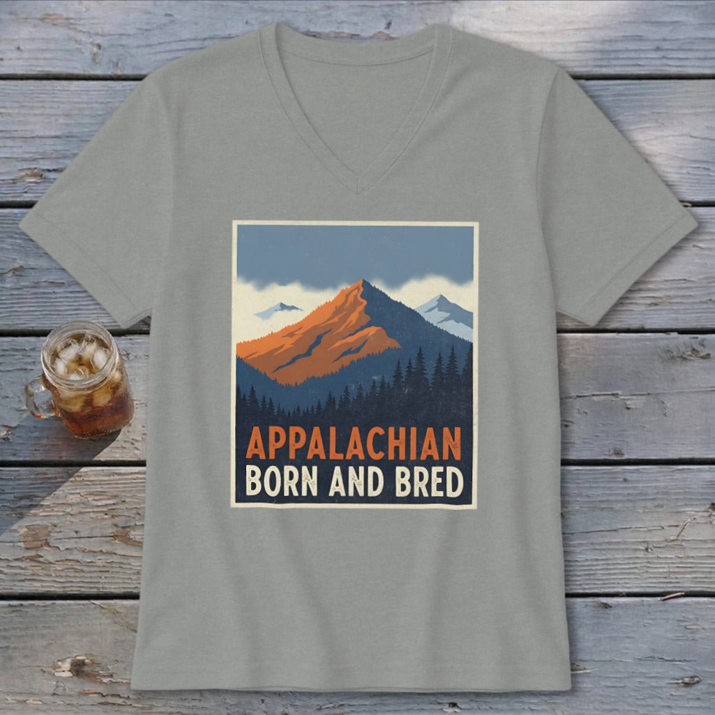 A gray v-neck t-shirt featuring a retro mountain graphic with the text Appalachian Born and Bred.