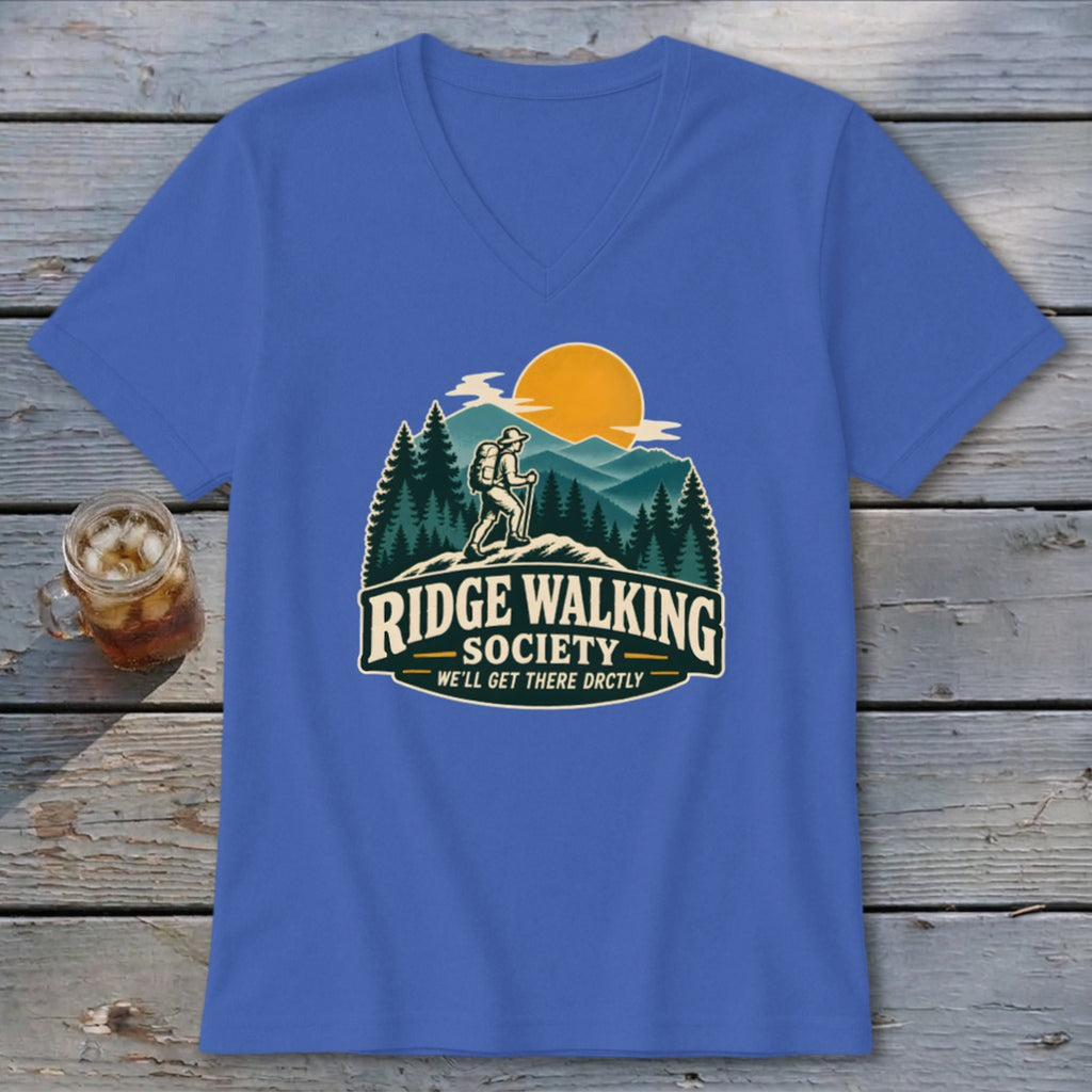 Blue t-shirt with "Ridge Walking Society" graphic featuring a hiker at sunset.