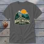 Ridge Walking Society t-shirt with a hiker in mountains and text.