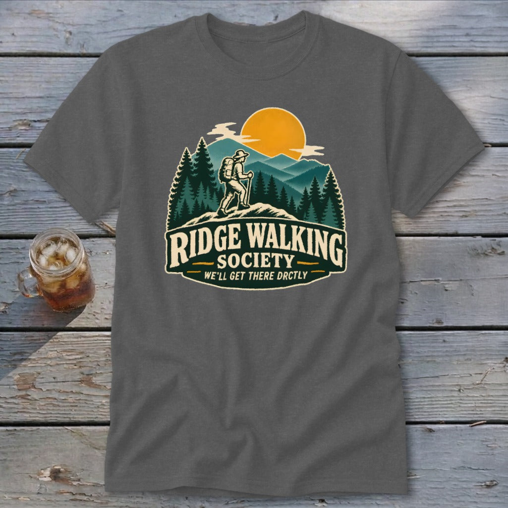 Ridge Walking Society t-shirt with a hiker in mountains and text.