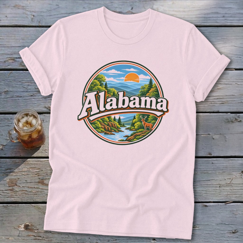 Pink t-shirt with circular Alabama landscape graphic featuring mountains, river, and deer.