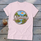 Pink t-shirt with circular Alabama landscape graphic featuring mountains, river, and deer.