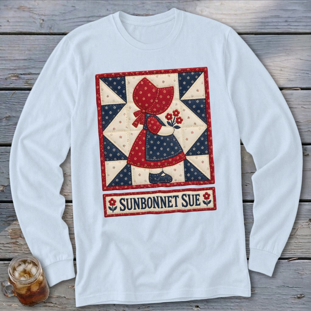 Long-sleeved shirt with a "Sunbonnet Sue" graphic of a girl holding flowers.