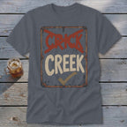 Gray t-shirt with distressed "CRICK CREEK" text and a checkmark.