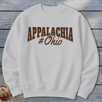 White sweatshirt with brown text that reads "Appalachia #Ohio."