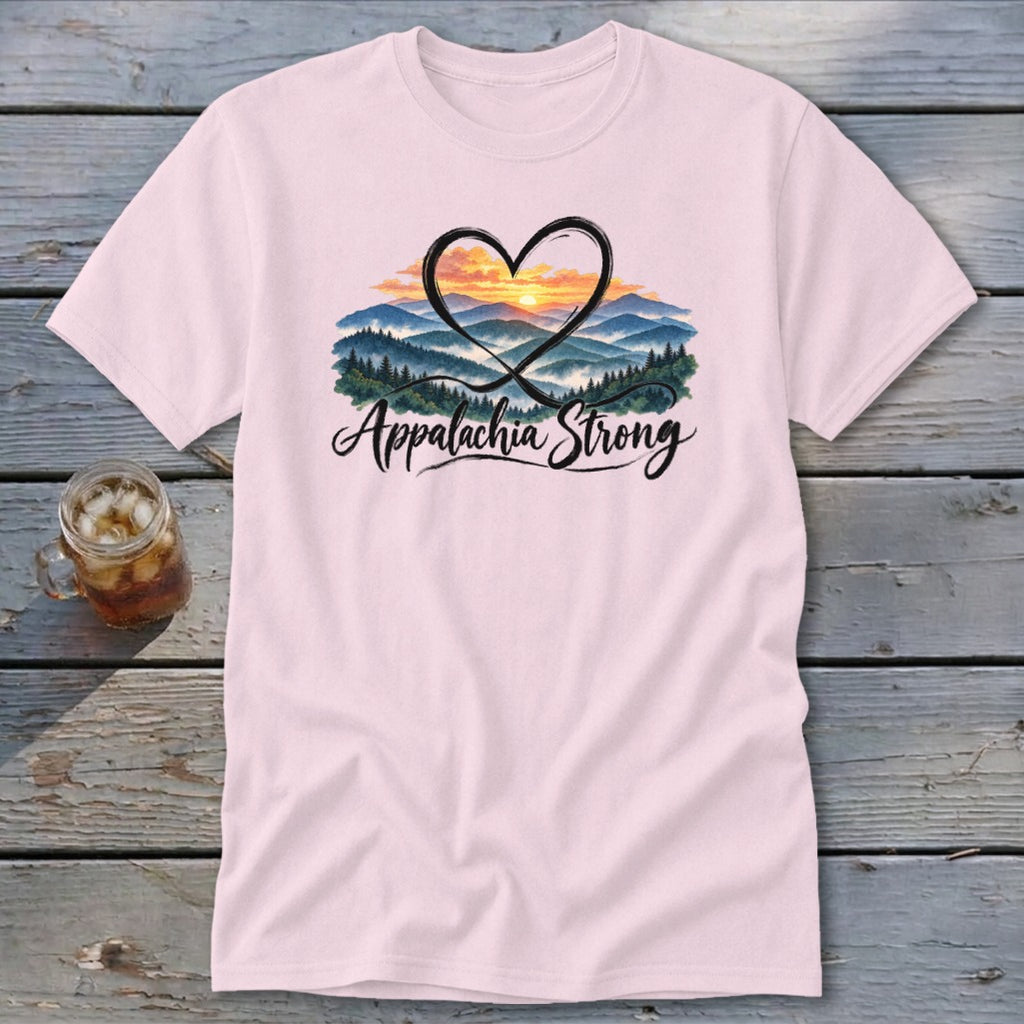 Pink t-shirt with a heart over a mountain landscape and "Appalachia Strong" text.