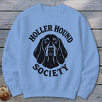 Light blue sweatshirt with black "Holler Hound Society" text and dog head graphic.