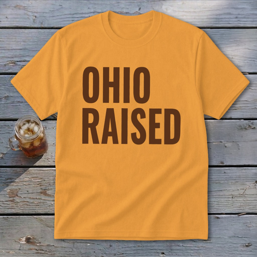 Orange t-shirt with "Ohio Raised" in dark brown text.