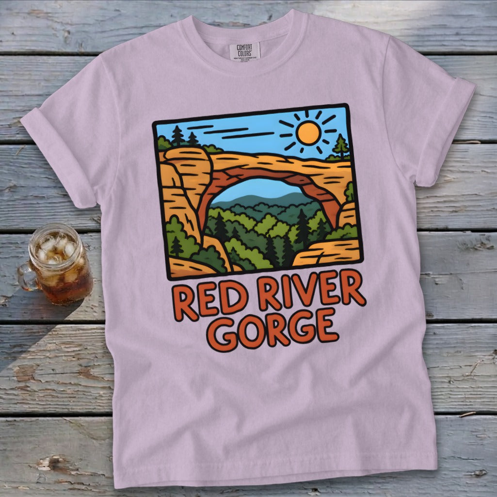 Light purple t-shirt with Red River Gorge graphic and text.