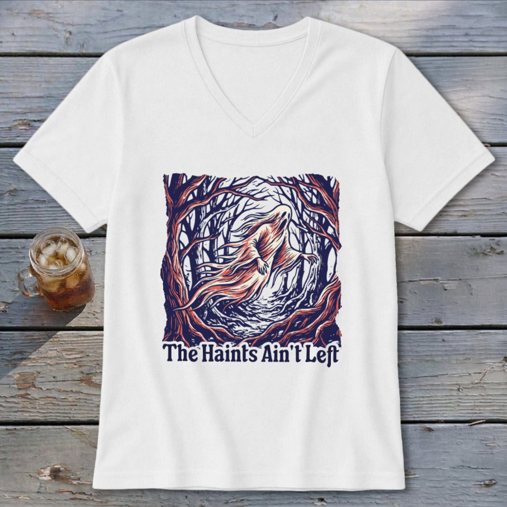 White t-shirt with ghost in woods design and text "The Haints Ain't Left".