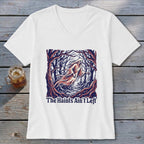 White t-shirt with ghost in woods design and text "The Haints Ain't Left".