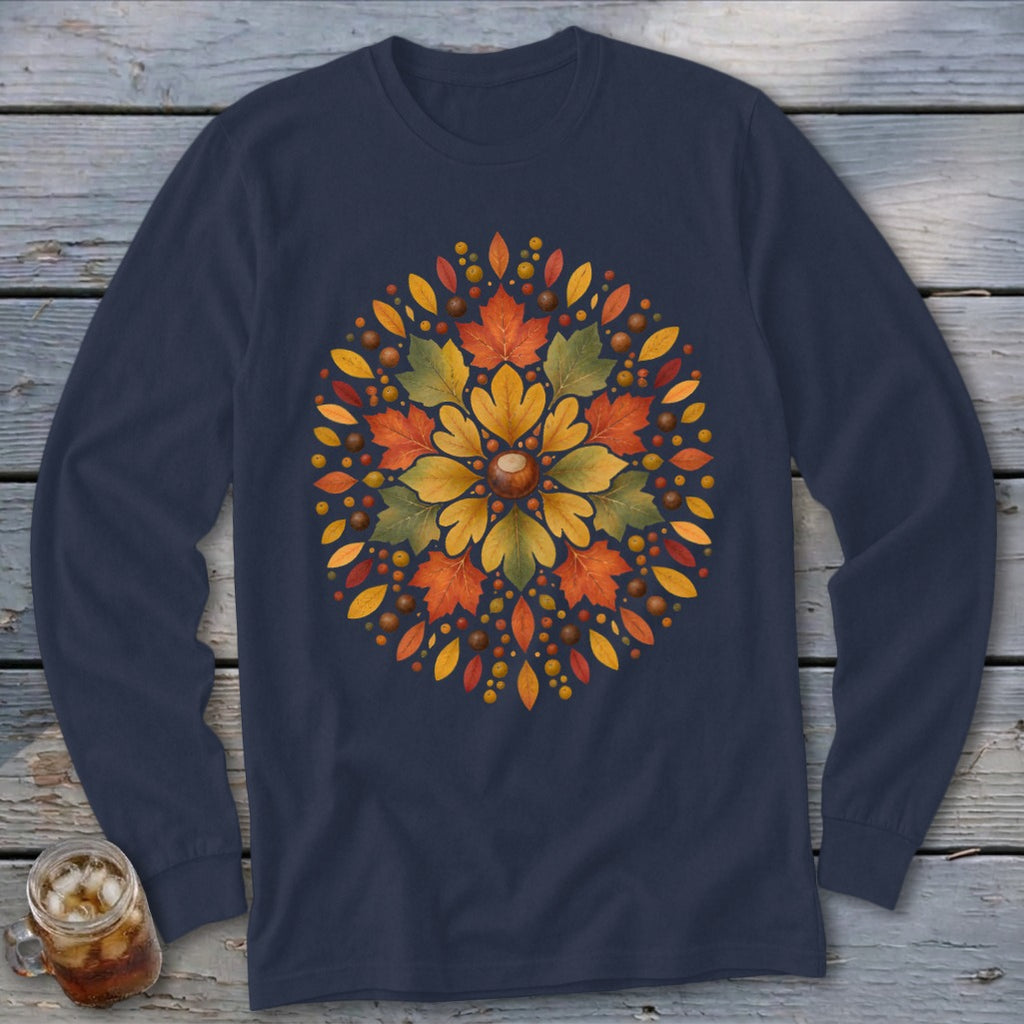 Navy long sleeve shirt with a circular autumn leaf and acorn design.