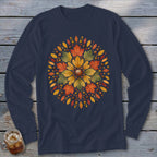 Navy long sleeve shirt with a circular autumn leaf and acorn design.