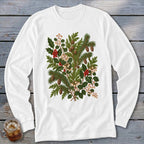 White long-sleeve shirt with a festive evergreen and holly berry branch illustration.
