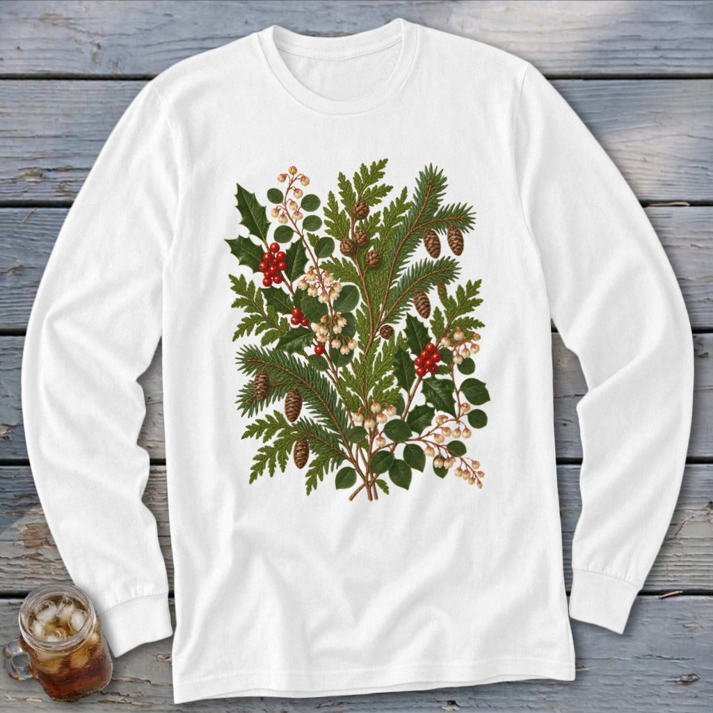 White long-sleeve shirt with a festive evergreen and holly berry branch illustration.
