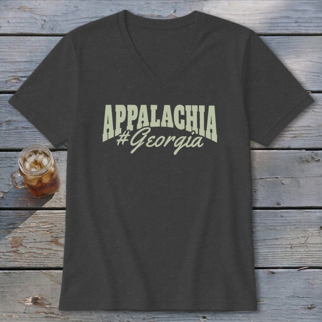 Dark gray v-neck t-shirt with "APPALACHIA #Georgia" text graphic.