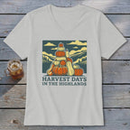 Light gray V-neck t-shirt featuring a graphic of stacked pumpkins and the text "Harvest Days in the Highlands."