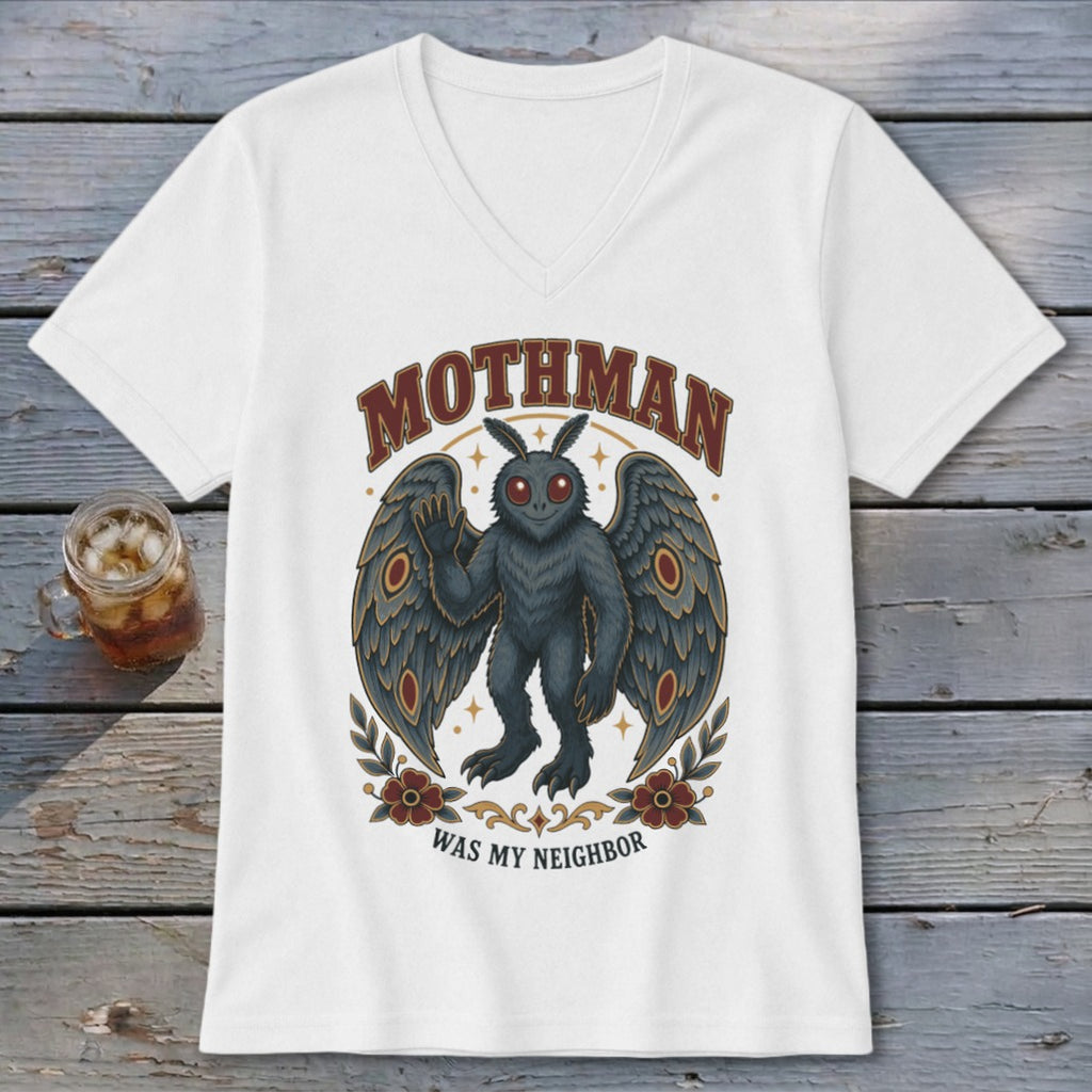White t-shirt with Mothman graphic and text "MOTHMAN WAS MY NEIGHBOR".