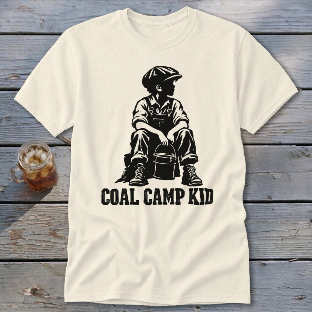 Cream t-shirt with black graphic of a seated boy and the text "COAL CAMP KID".
