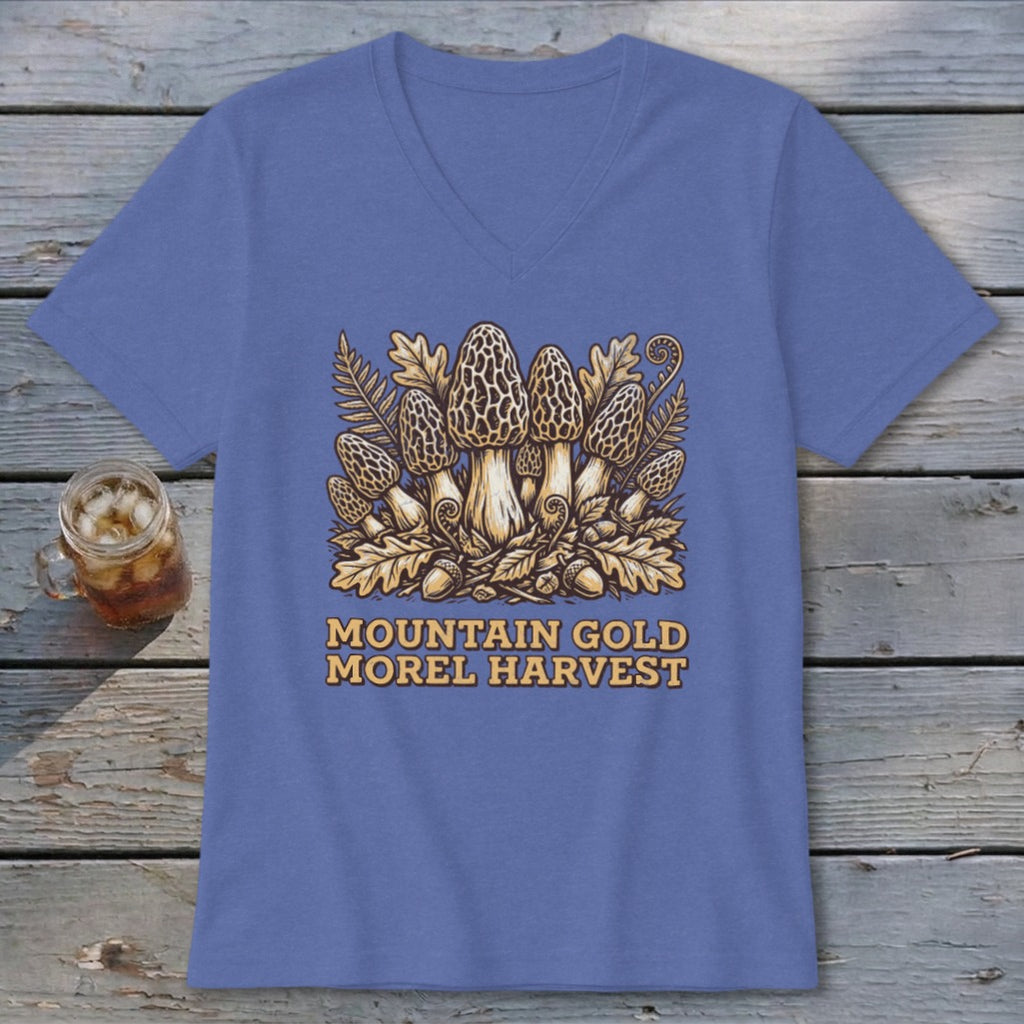 T-shirt with illustration of morel mushrooms, ferns, leaves, and acorns; text reads "MOUNTAIN GOLD MOREL HARVEST".