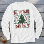 White long-sleeve t-shirt featuring a Christmas design with a decorated tree and the text Mountain Merry.