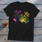 Black t-shirt with watercolor floral design in pink and yellow.