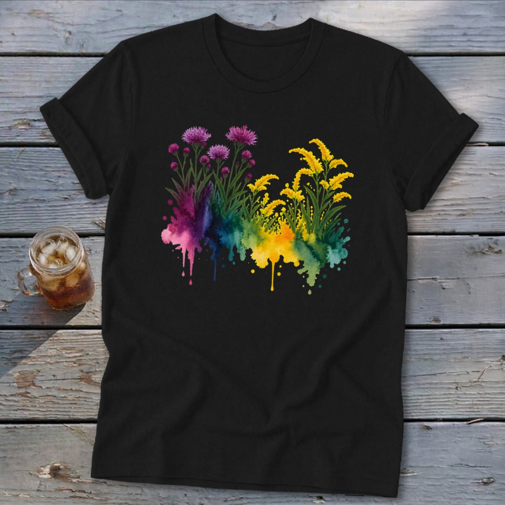 Black t-shirt with watercolor floral design in pink and yellow.