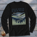 Black long-sleeve t-shirt featuring a Blue Ridge Parkway graphic with winding road and mountain scenery.