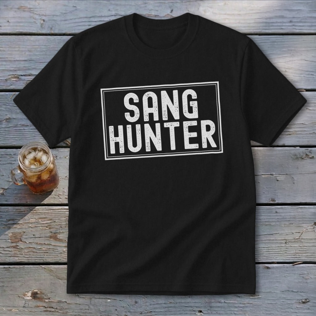 Black t-shirt with white text "SANG HUNTER" in a distressed rectangle.