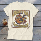 Cream t-shirt with "Mountain Soul and Front Porch Pickin'" text and guitar graphic.