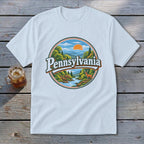 White t-shirt with circular Pennsylvania landscape graphic featuring mountains, river, and deer.