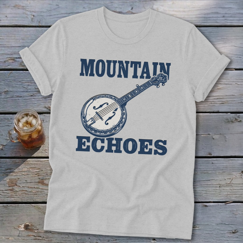 Light gray t-shirt featuring blue text that reads "MOUNTAIN ECHOES" surrounding a vintage banjo illustration.