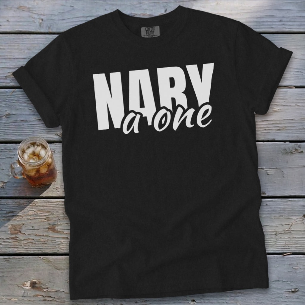 Black t-shirt with white text that reads "NARV a one".