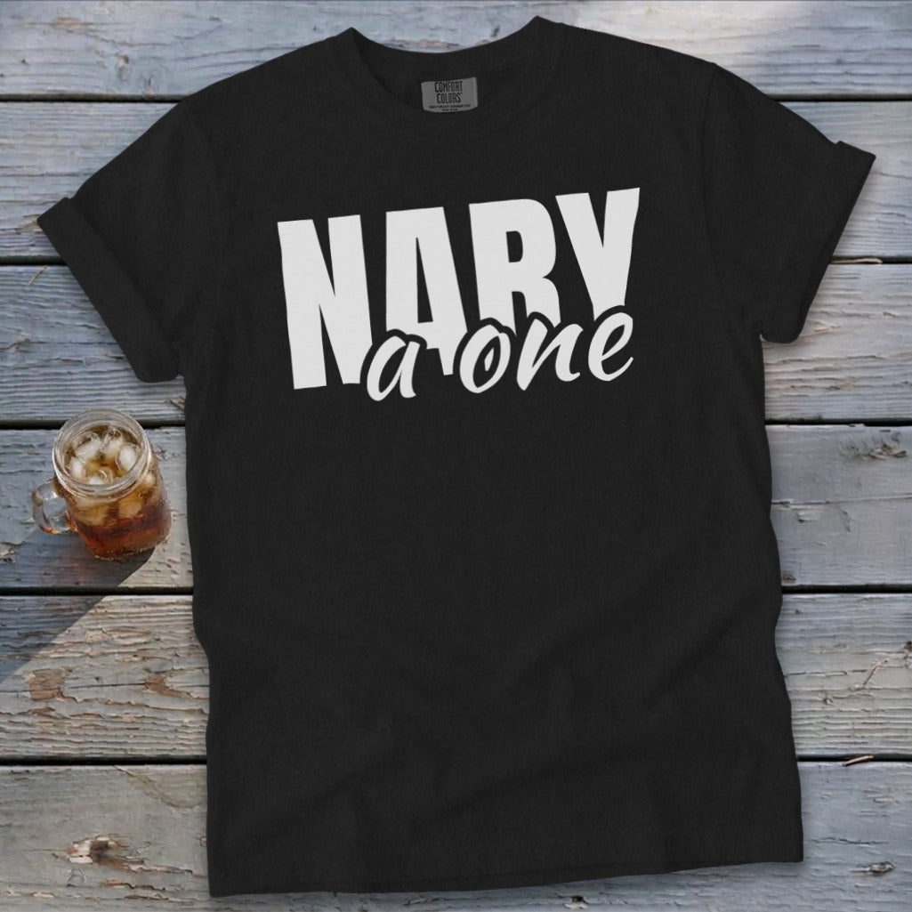 Black t-shirt with white text that reads "NARV a one".