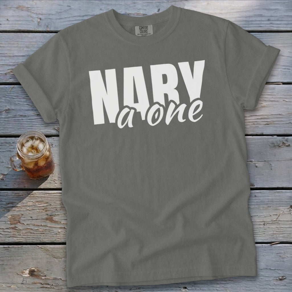 Gray t-shirt with white "NARY a one" text, a mason jar of iced tea nearby.