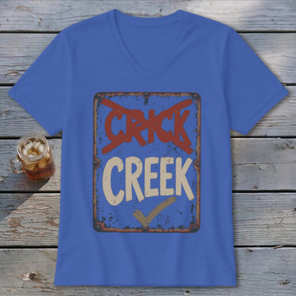 Blue t-shirt with distressed "CRICK CREEK" sign graphic and checkmark.