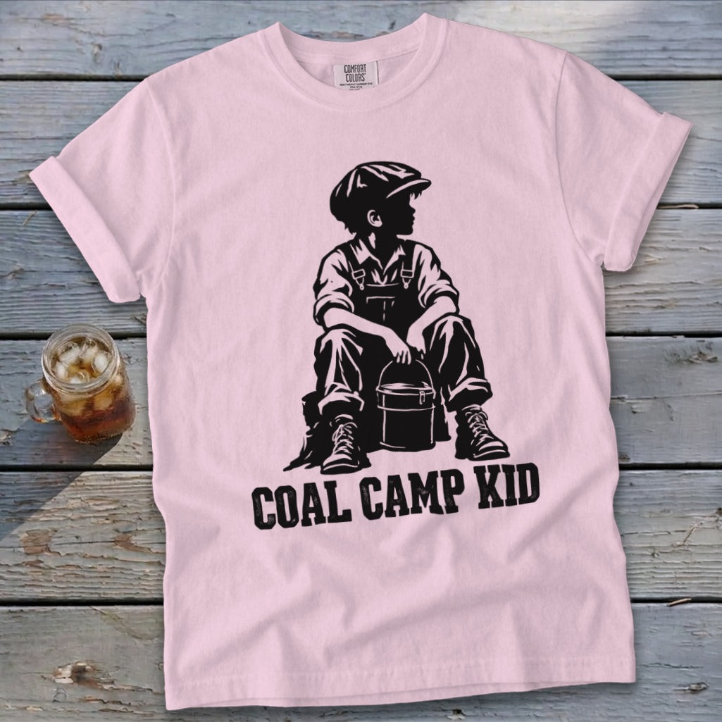 Pink t-shirt with black graphic of boy holding bucket and text "COAL CAMP KID".