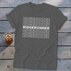 Gray t-shirt with "RIDGERUNNER" repeated in white text.