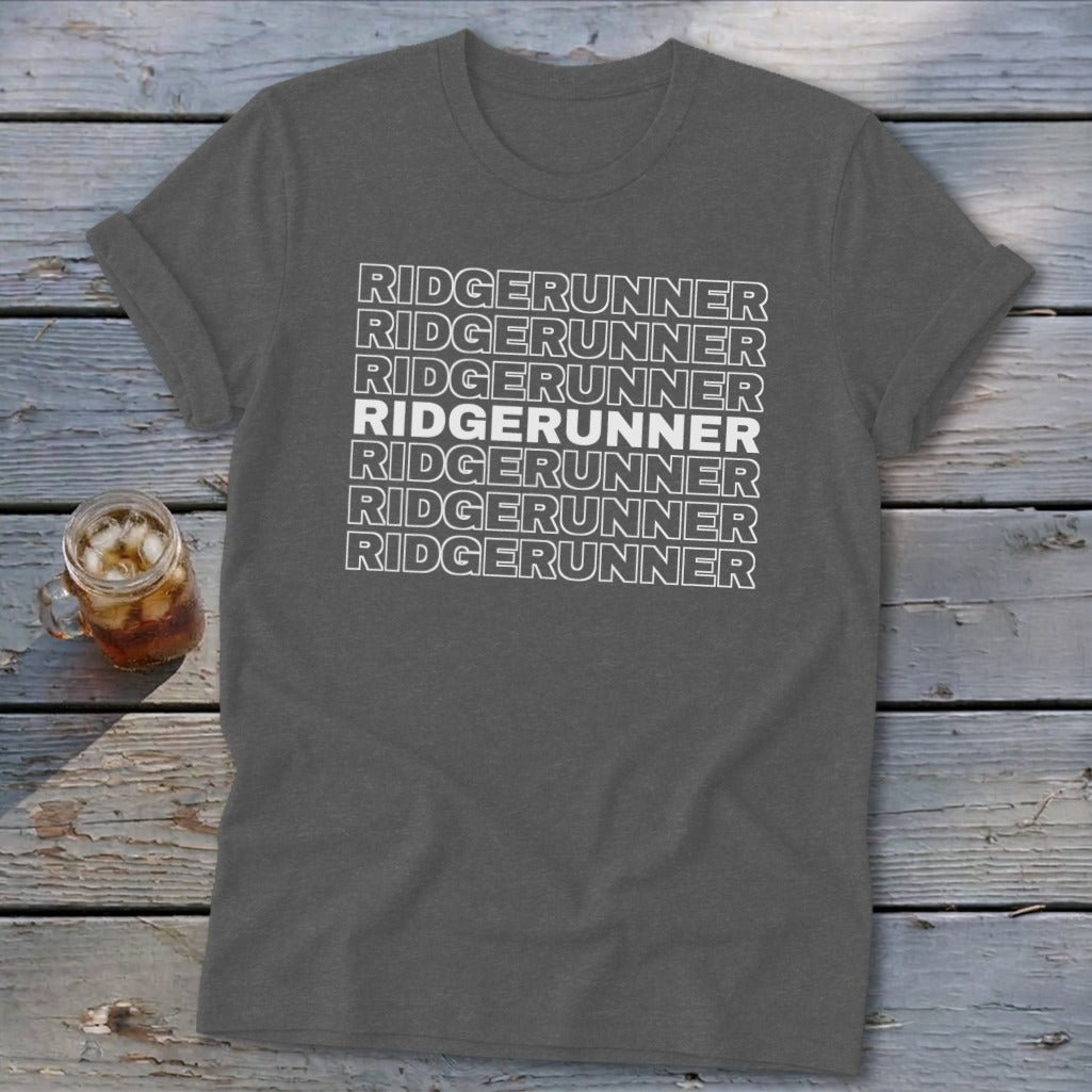 Gray t-shirt with "RIDGERUNNER" repeated in white text.